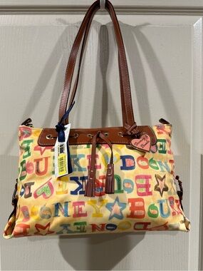Vintage Y2K Dooney & Bourke Rainbow Doodle Graffiti Tassel Large Zip Bag New